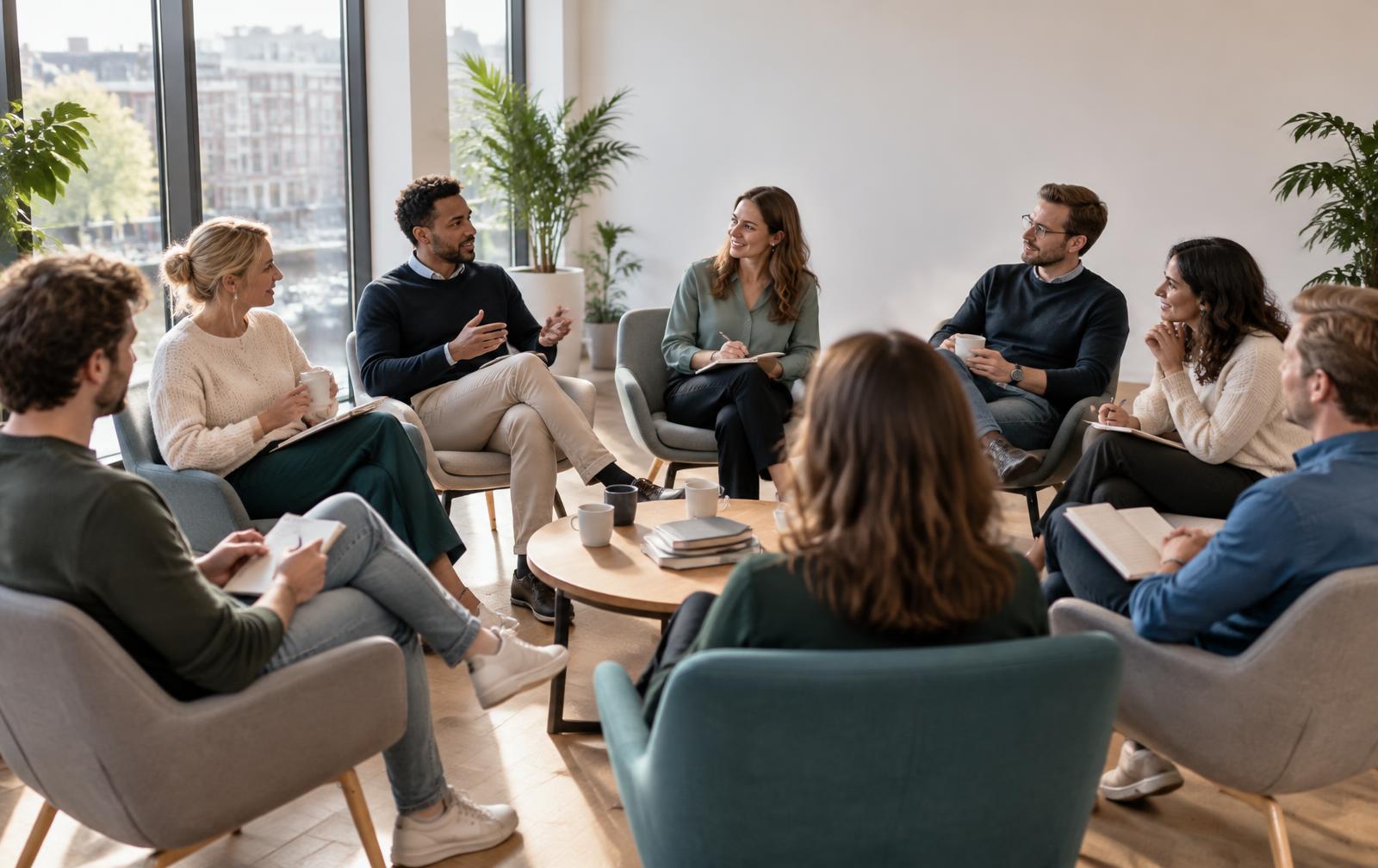 Vakgenoten in gesprek in een lichte werkruimte