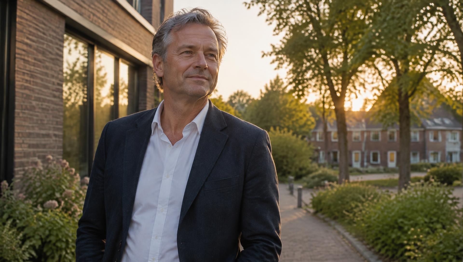 Een uitvaartondernemer buiten, in het licht van de avond