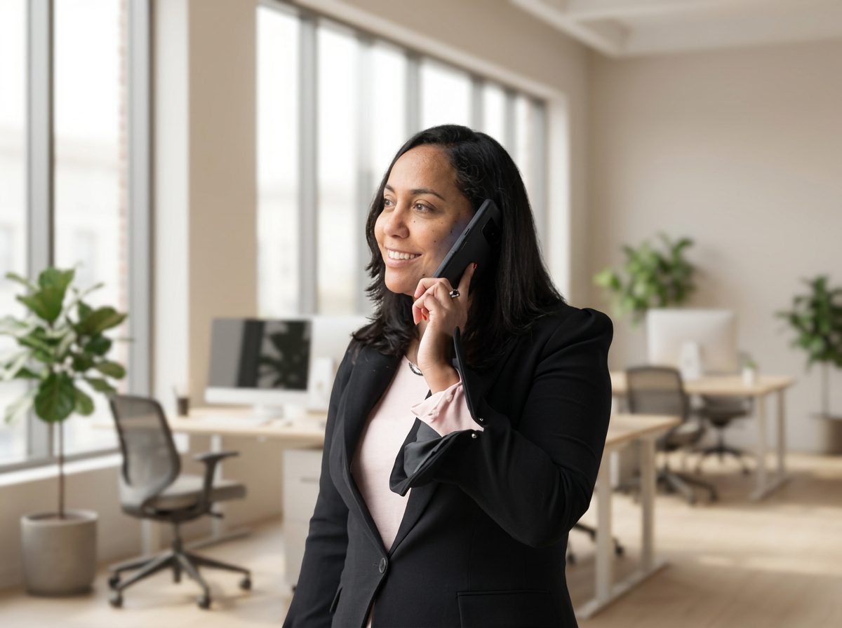 Vakgenoot in gesprek aan de telefoon in een licht kantoor